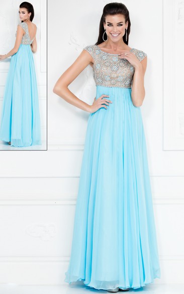 A-Line Scoop-Neck Cap Empire Chiffon Deep-V Back Dress With Beading And Pleats