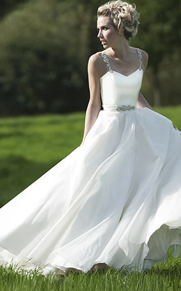 Maxi Straps Beaded Chiffon Wedding Dress With Broach