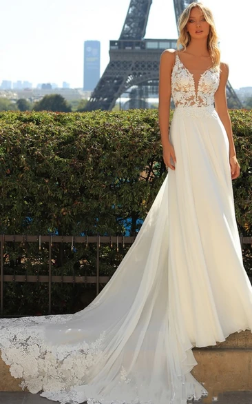 Elegant A Line Plunging Neck Chiffon and Tulle Wedding Dress with Appliques
