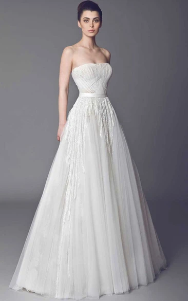 Strapless Floor-Length Ruched Tulle Wedding Dress With Brush Train And V Back