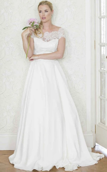 A-Line Cap-Sleeve Bateau-Neck Satin Wedding Dress With Lace And Illusion