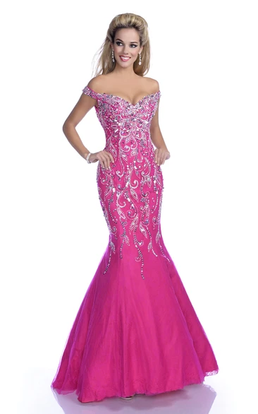 Mermaid Tulle Off-The-Shoulder V-Neck Sequined Prom Dress Featuring Low-V Back