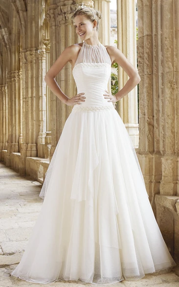 A-Line High Neck Ruched Sleeveless Floor-Length Tulle Wedding Dress With Draping And Beading