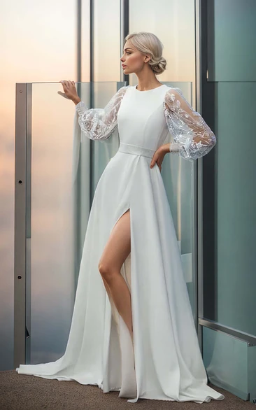 Solid Simple Jewel Neck A-Line Satin Tulle Split Front Wedding Dress Sexy Elegant Long Puff Sleeve Floor-length Bridal Gown with Sash Train Button Back