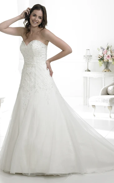 A-Line Maxi Sleeveless Appliqued Sweetheart Tulle Wedding Dress