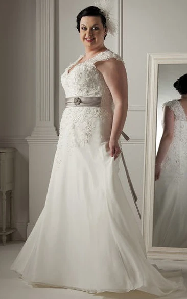V Neck Lace Top Organza Bridal Gown With Satin Sash And Lace Up