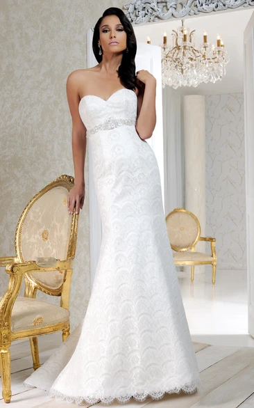 Sweetheart Long Beaded Lace Wedding Dress With Sweep Train And Lace-Up