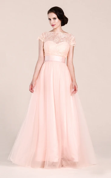 Cap Sleeve A-line Lace Tulle Bridesmaid Dress With Ribbon Belt
