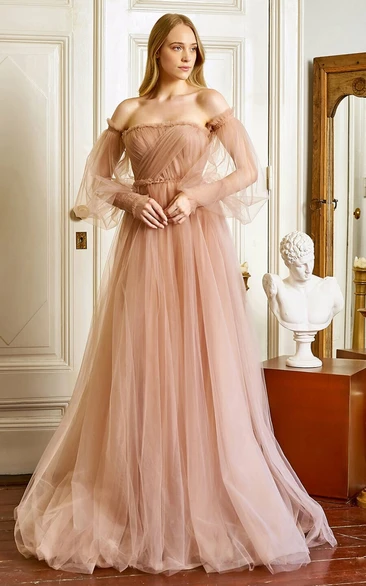 Tulle Off-the-shoulder A-Line Floor-length Evening Dress Flowy Prom Dress