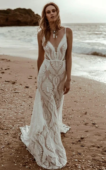 Graceful Charming Beach Mermaid Boho Lace Wedding Dress Sexy Elopement Spaghetti Strap Plunging Gown