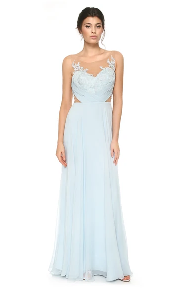 Scoop-Neck Sleeveless Floor-Length Pleated Chiffon Bridesmaid Dress With Appliques And V Back