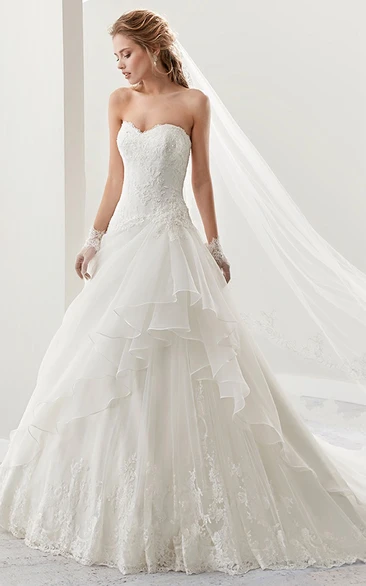 Sweetheart A-Line Lace Bridal Gown With Asymmetrical Ruffles Overlayer And Lace-Up Back