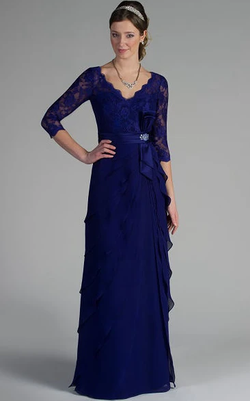Sheath 3-4-Sleeve Floor-Length V-Neck Draped Lace&Chiffon Mother Of The Bride Dress With Broach