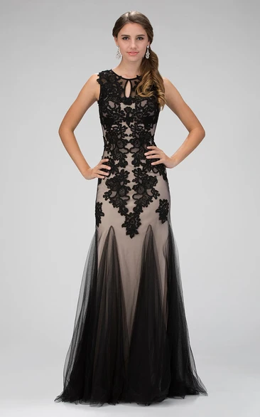 Sheath Scoop-Neck Sleeveless Tulle Illusion Dress With Appliques