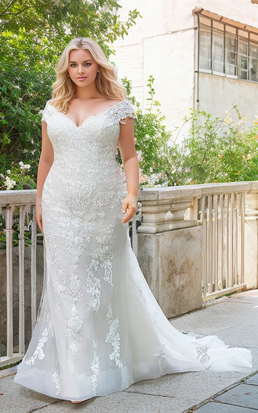Off-the-shoulder Mermaid Plus Size Lace Elegant Wedding Dress with Button Back