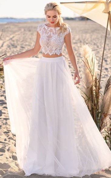 Simple Two Piece Chiffon and Lace Bateau Neck Wedding Dress