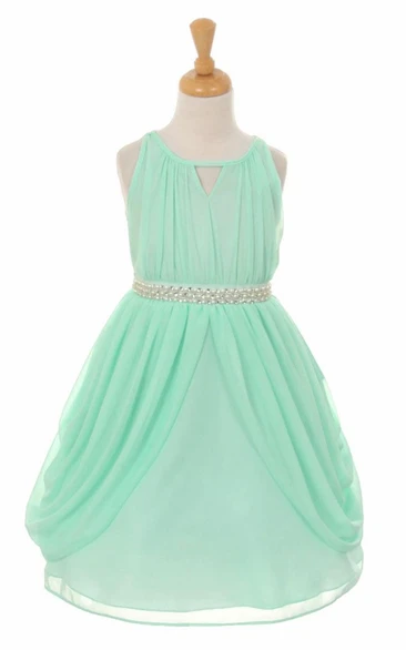 Tea-Length High Neck Pleated Tiered Chiffon Flower Girl Dress With Ribbon