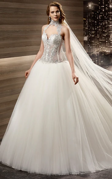 High-Neck Keyhole A-Line Bridal Gown With Beaded Bodice And Pleated Skirt