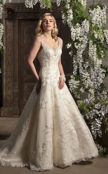 A-Line Maxi V-Neck Beaded Sleeveless Lace Wedding Dress