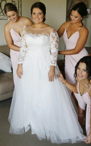 Modern Bateau A Line Lace Long Sleeve Floor-length Wedding Dress with Appliques