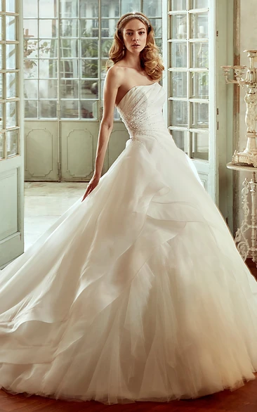 Strapless Side-Draping Wedding Dress with Ruching Skirt and Brush Train