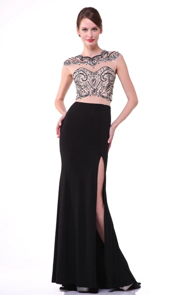 Sheath Maxi Jewel-Neck Cap-Sleeve Jersey Illusion Dress With Beading And Split Front