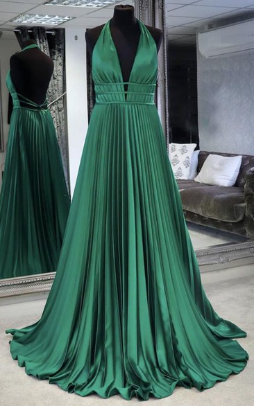 Casual A Line Sleeveless Floor-length Satin Open Back Evening Dress with Pleats
