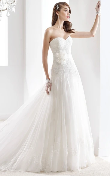 Sweetheart Wedding Gown with Flower on Side Waist and Back Bow
