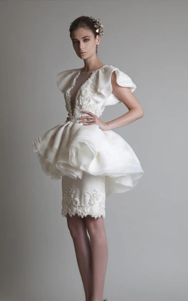 Sheath Knee-length Short Sleeve Jewel Appliques Ruffles Peplum Organza Lace Homecoming Dress