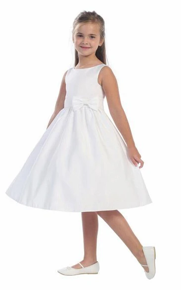 Knee-Length Bowed Tiered Sequins&Satin Flower Girl Dress With Ribbon