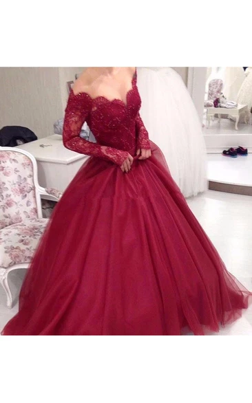 Illusion Long Sleeve Floor-length Ball Gown Off-the-shoulder Lace Tulle Dress