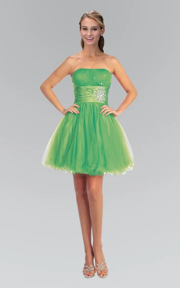 A-Line Mini Strapless Sleeveless Tulle Corset Back Dress With Ruffles And Beading