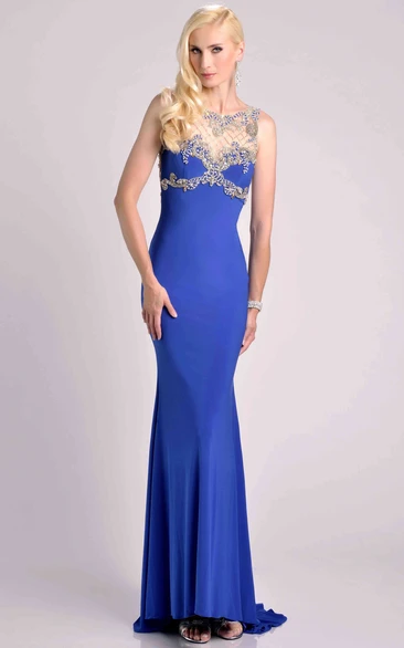 Sheath Sleeveless Jersey Prom Dress With Beaded Top And Bateau Neck