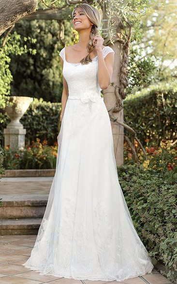 Voteron Women's Cap Sleeve Lace Tea Length Wedding Dress Bride Gown