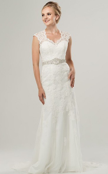 Sheath V-Neck Appliqued Cap-Sleeve Long Lace&Tulle Wedding Dress With Waist Jewellery And Bow