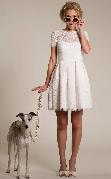 Sheath Short Short-Sleeve High Neck Lace Wedding Dress With Illusion