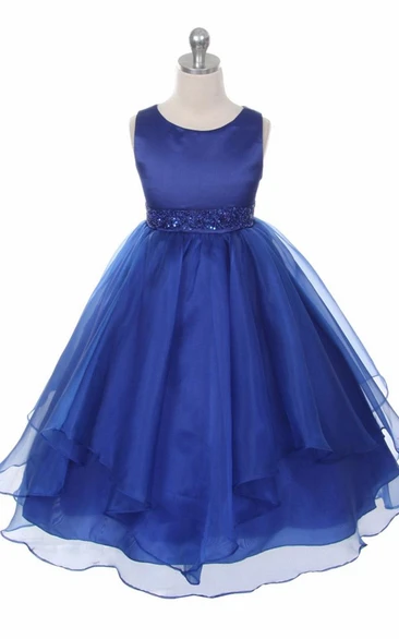 Tea-Length Tiered Beaded Sequins&Organza Flower Girl Dress With Sash