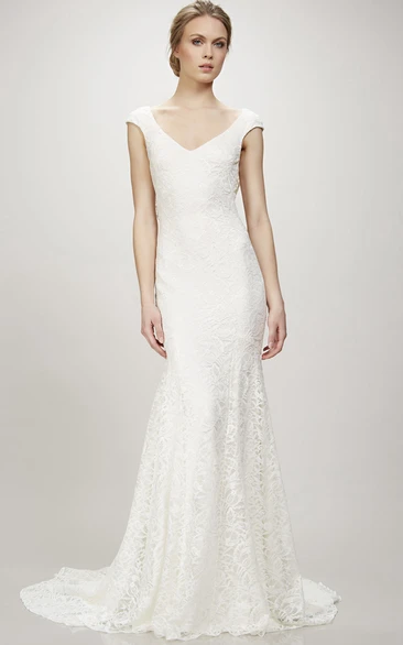 V-Neck Floor-Length Cap-Sleeve Lace Wedding Dress With Court Train And V Back