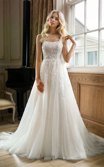 Romantic Modern Square Neck A-Line Tulle Lace Appliques Wedding Dress Sexy Straps Sleeveless Floor-length Beading Backless Bridal Gown