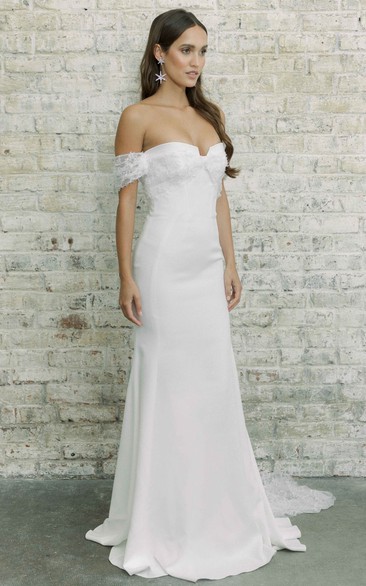 Satin Off-the-shoulder Sheath Sleeveless Floor-length Open Back Wedding Dress With Lace