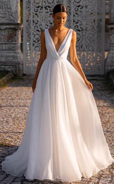 Modern Ball Gown Chiffon V-neck Chapel Train Wedding Dress with Sash