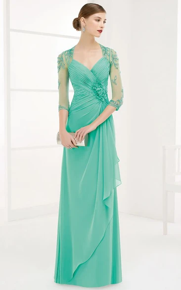 Sheath Ruched Floor-Length V-Neck Half-Sleeve Chiffon Prom Dress With Flower And Draping