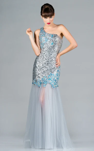 Sheath Long One-Shoulder Sleeveless Tulle Dress With Sequins And Pleats