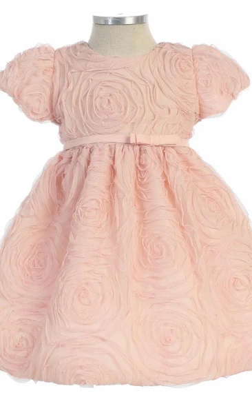 Floral Tea-Length Cap-Sleeve Bowed Flower Girl Dress With Embroidery