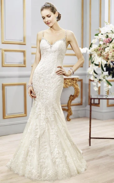 Trumpet Appliqued Spaghetti Long Sleeveless Lace Wedding Dress With Beading And Pleats