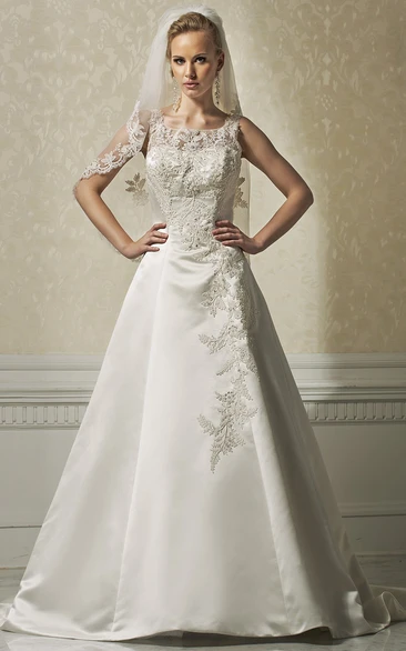 A-Line Bateau-Neck Maxi Sleeveless Appliqued Satin Wedding Dress
