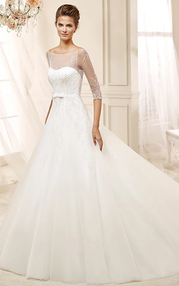 Half-sleeve A-line Wedding Dress with Illusive Design and Brush Train
