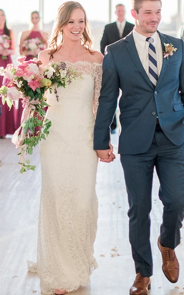 Simple Sheath Off-the-shoulder Lace Sweep Train Long Sleeve Wedding Dress