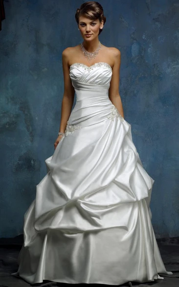 Ball Gown Sweetheart Pick-Up Floor-Length Satin Wedding Dress With Criss Cross And Beading