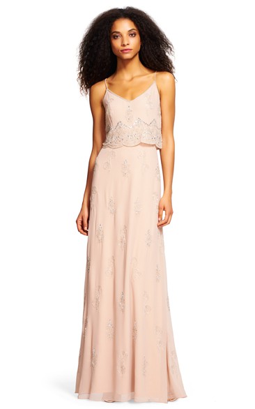 Sheath Beaded Spaghetti Sleeveless Chiffon Bridesmaid Dress